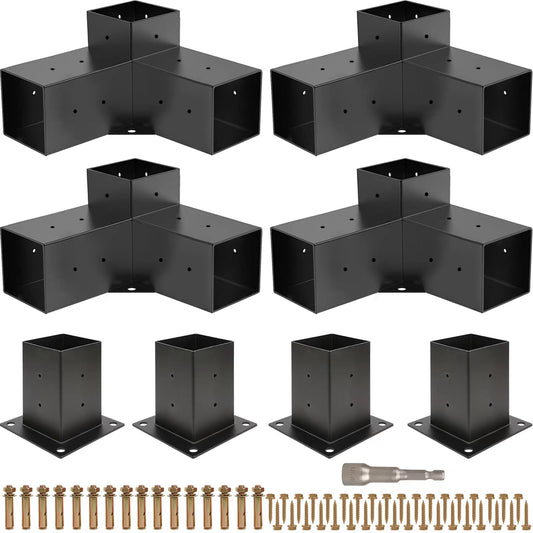 Grehitk Pergola Kit, Pergola Brackets 3-Way Right Angle Corner Bracket Woodworks DIY Post Base Kit, Wooden Beams for Gazebos Patio Pergolas Log Cabin