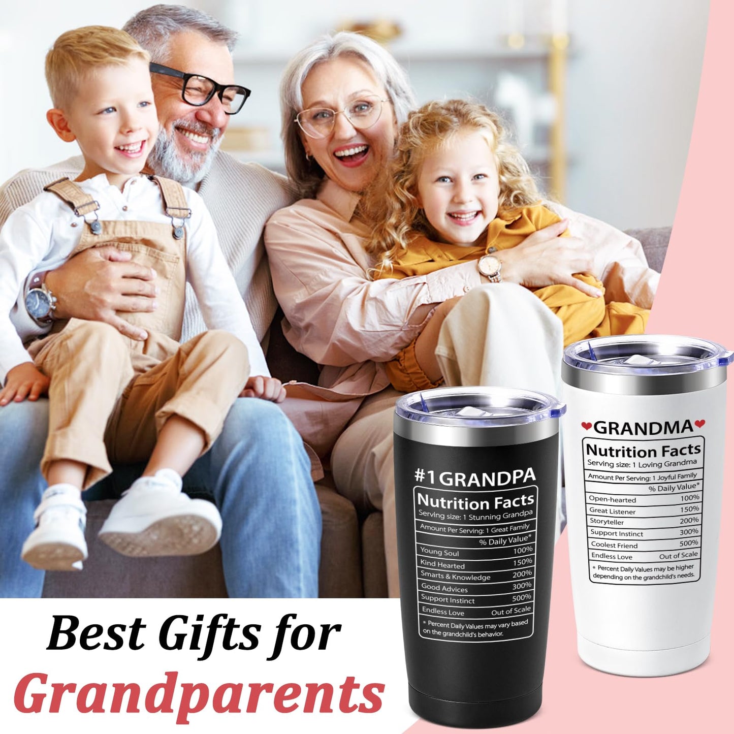 Lifecapido Gifts for Grandparents, Nutrition Facts Grandma Grandpa Tumbler Set, Grandma and Grandpa Christmas Birthday Mothers Day Fathers Day Announcement Gifts for Grandparents, 20oz