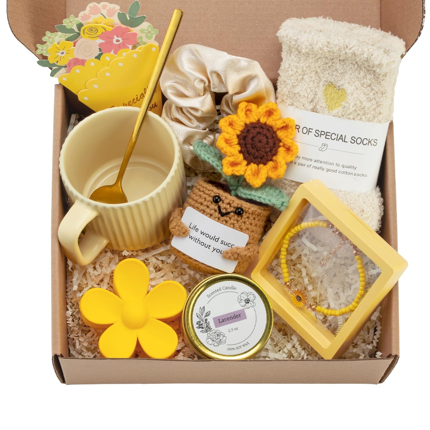 CabyGift Sunflower Gifts for Women, Unique Birthday Gifts for Women, 10pcs Get Well Soon Gift Baskets, Care Package Sending Sunshine Box for Mom, Wife, Sister, Best Friend,Teen Girls