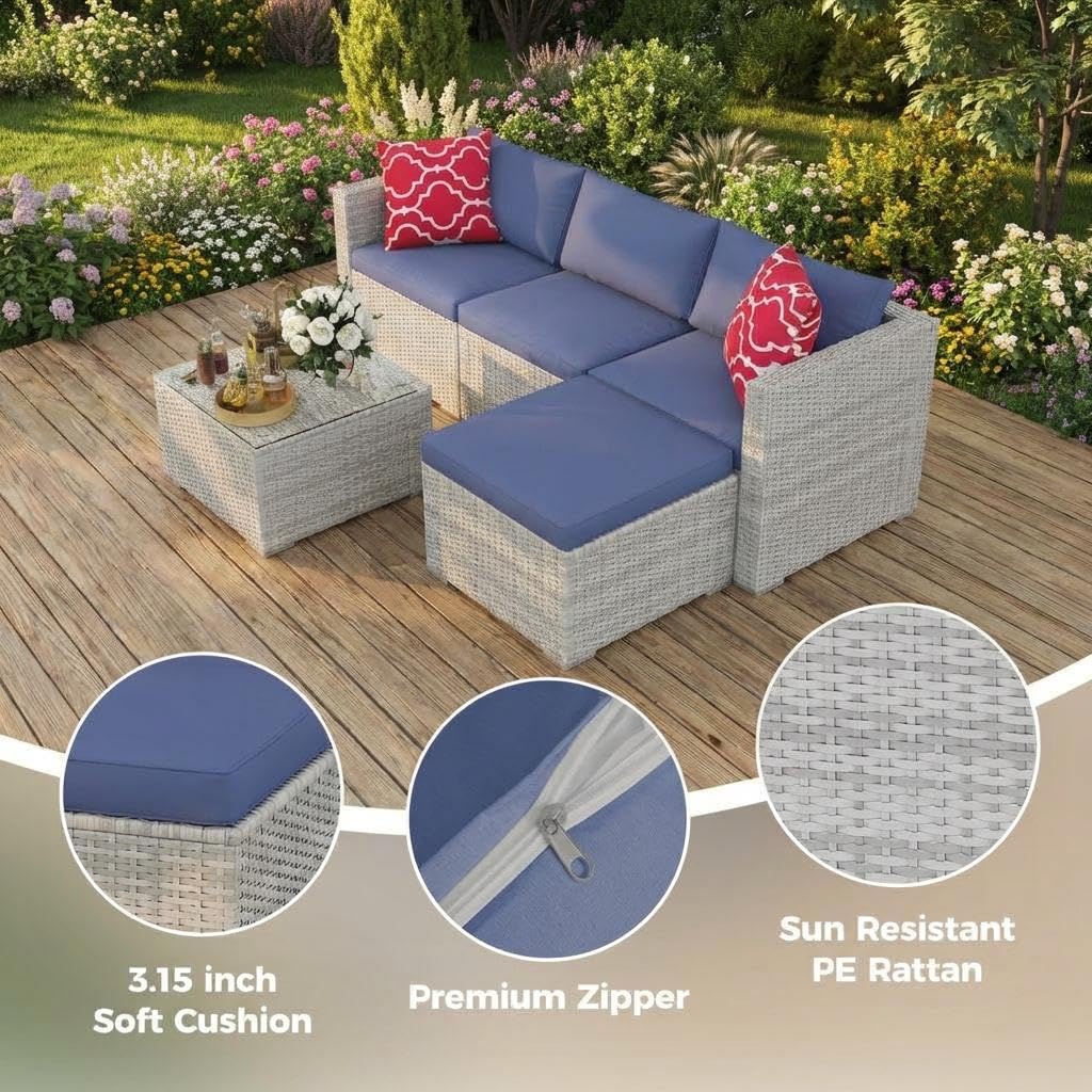 5-Piece Outdoor Sectional Sofa Set, Outdoor Patio Set Sectional Sofa, All-Weather PE Rattan Patio Furniture with Ottoman & Tempered Glass Table for Garden, Backyard, Porch, Poolside (Brown/Blue)