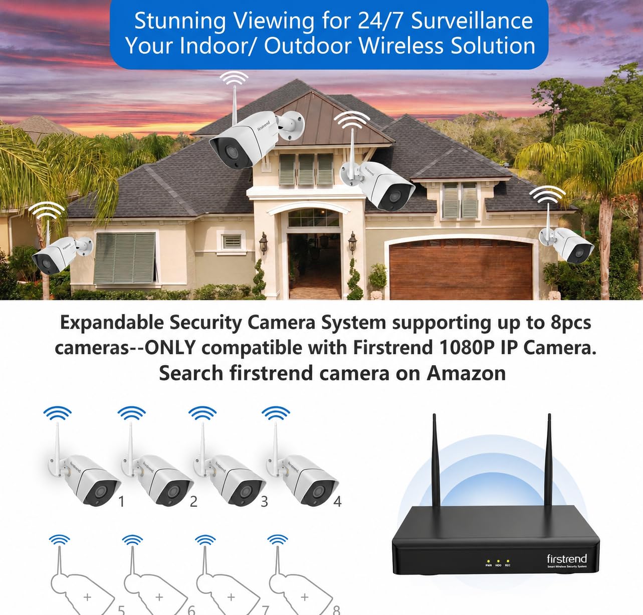 (2026 New) Firstrend WiFi Wireless Security Camera System, Wireless NVR System with 4pcs Security Bullet Camera and 2TB HDD, 2-Way Audio, AI Human Detection,Night Vision and 24/7 Recording