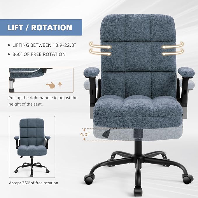 SEATZONE Blue Office Chair with Wheels,Ergonomic Home Office Computer Chair with Flip-up Armrest,Comfy Adjustable Rolling Chair Teddy Fleece
