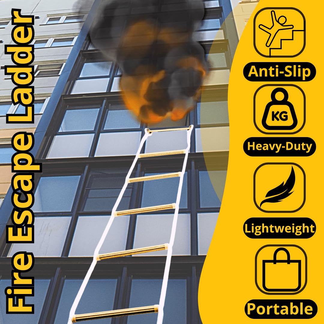 ISOP Two Story Fire Escape Ladder 13 ft Flame Resistant - Emergency Rope Ladder with Spring Hooks - Reusable & Multi-Functional - Weight Capacity up to 2000 Pounds (13ft)