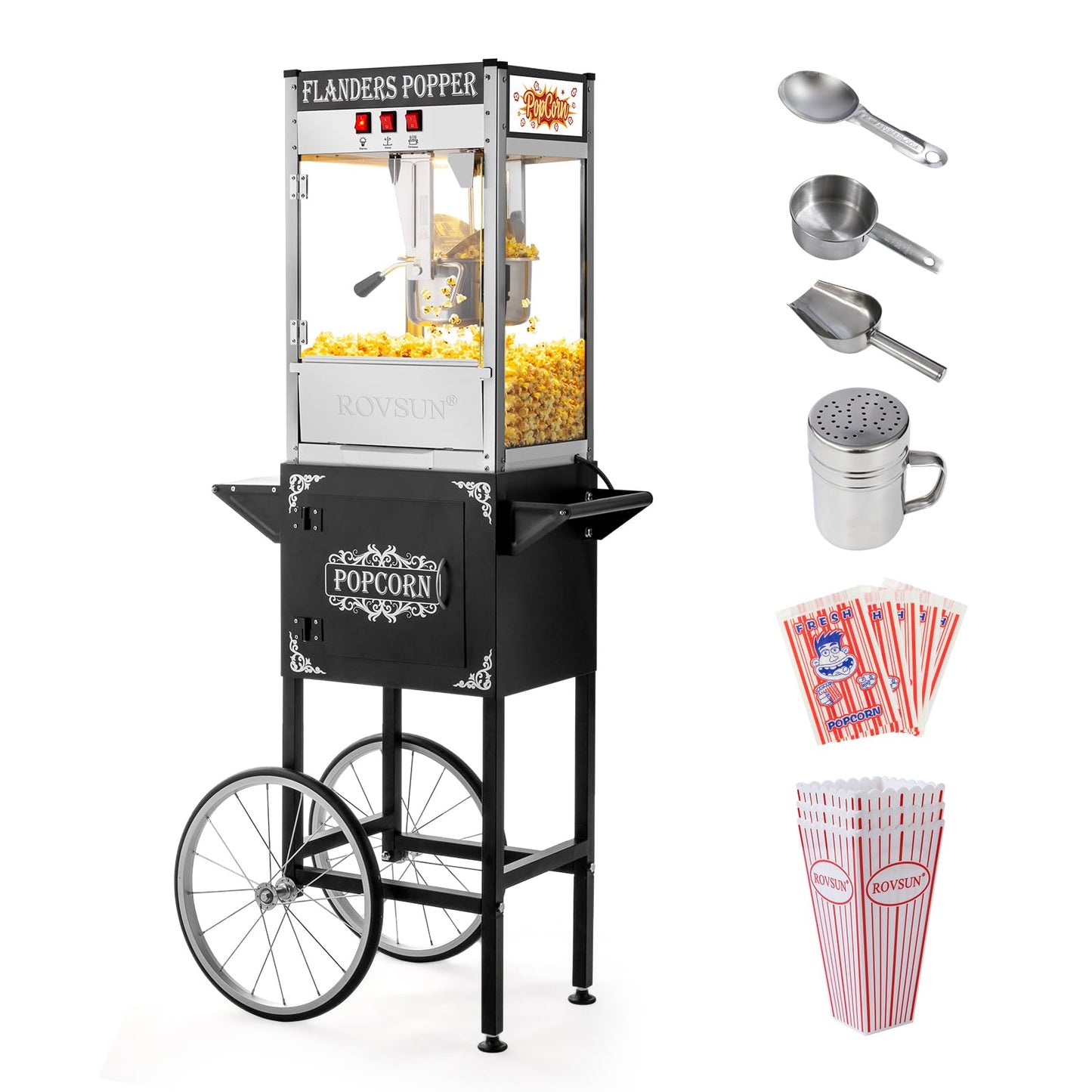 ROVSUN Popcorn Machine with Cart, 10 Oz Kettle Makes Up to 4 Gallons ETL Certified, Popcorn Maker w/Scoop, Oil Spoon, Bags & 3 Popcorn Cups, Movie Theater Style Popper for Commercial Home Party, Black