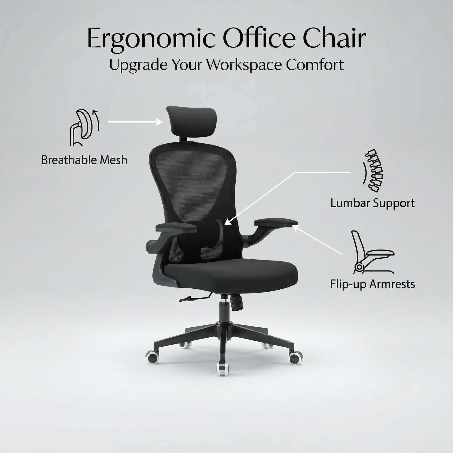 Office Chair with Adjustable Lumbar Support & Flip-Up Armrests -Ergonomic High Back Computer Desk Chair with Thickened Seat Cushion, Rolling Wheels for Home/Office Study Work (02H-Black)