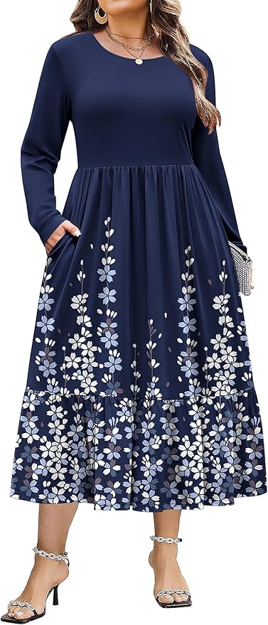 IN'VOLAND Women Plus Size Long Sleeve Dress Loose Casual Flowy Tiered Long Maxi Dresses with Pockets