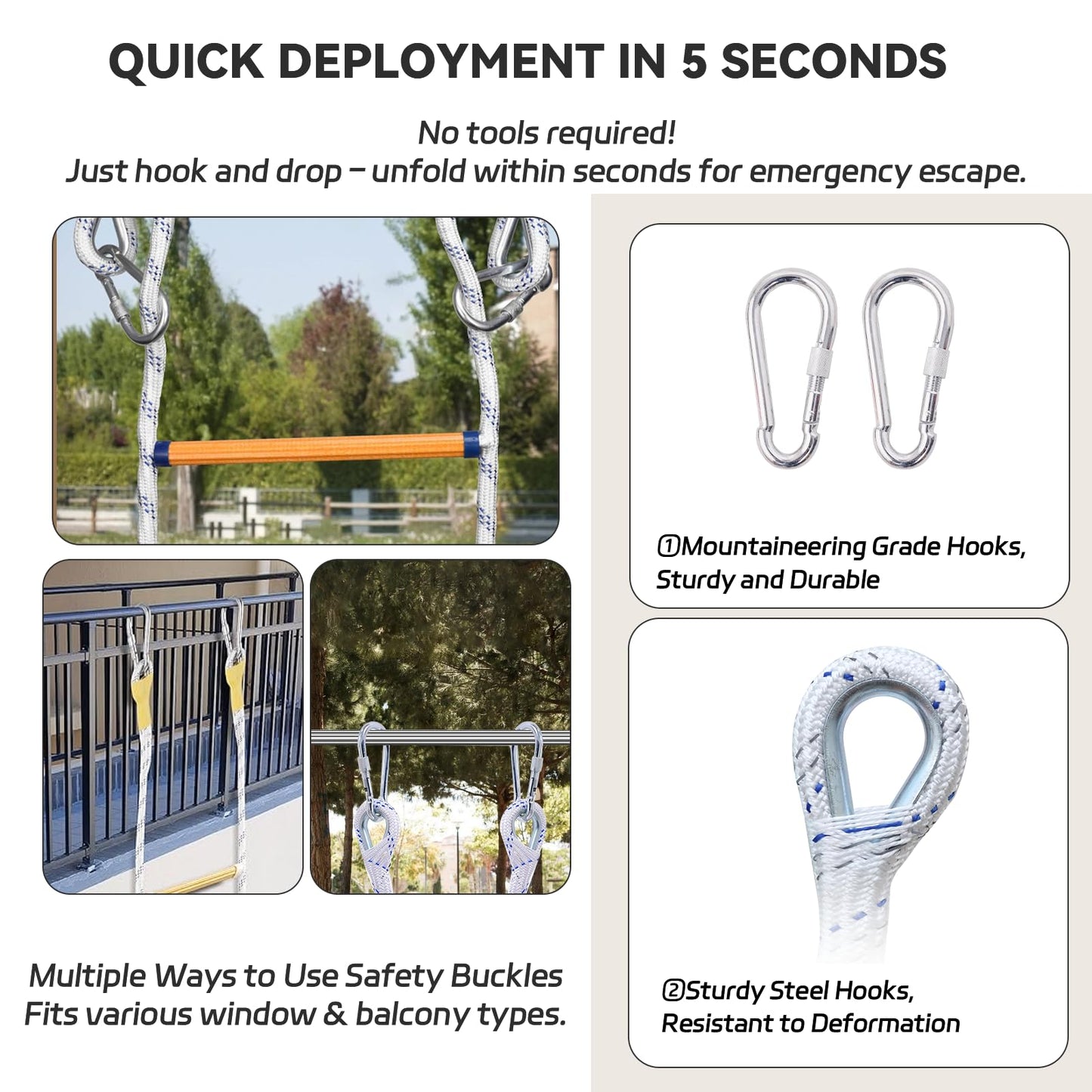 Emergency Fire Escape Ladder 7.6M / 25FT with 2 Hooks, Flame Resistant, Anti-Slip Safety Rope Ladder for Balcony 2-4 Story Homes, Reusable and Portable, Easy to Use & Store for Adults and Kids