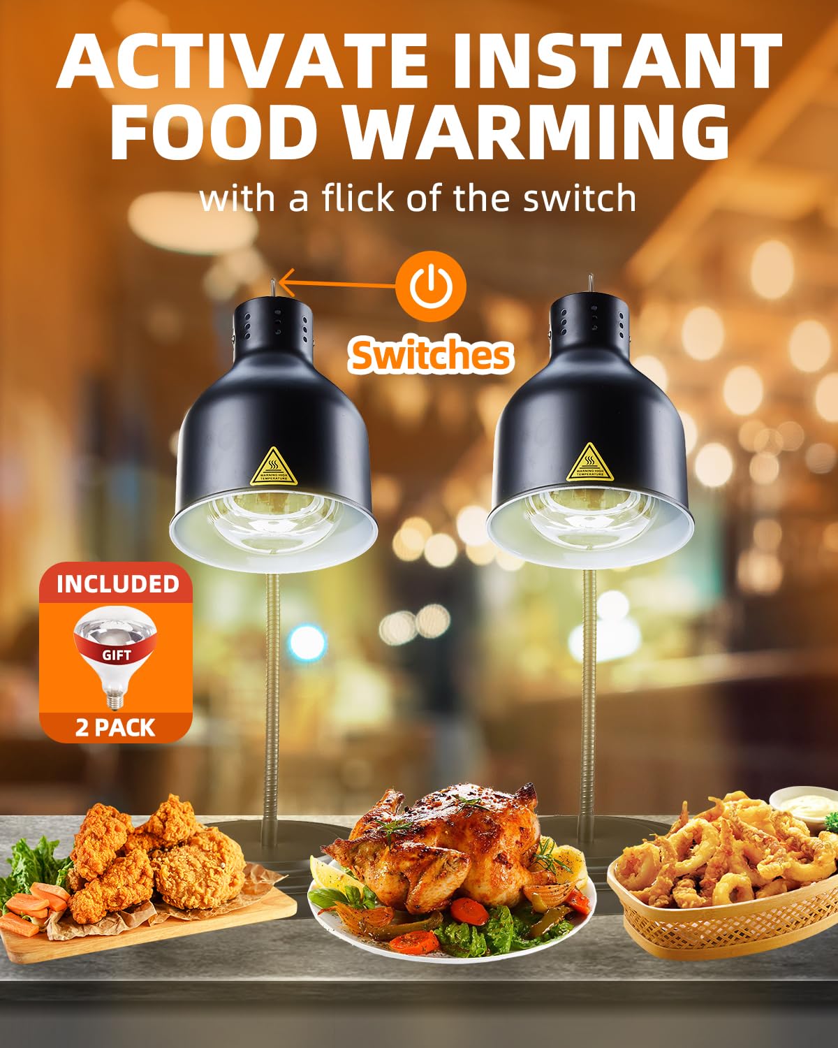 Food Heat Lamp: [Rapid-Heating Bulbs Included] [Steady Heating] Commercial Food Warmer Lamp, Electric Heat Lamp for Food Catering Food Warming Lamp for Buffet Parties,Black,N3