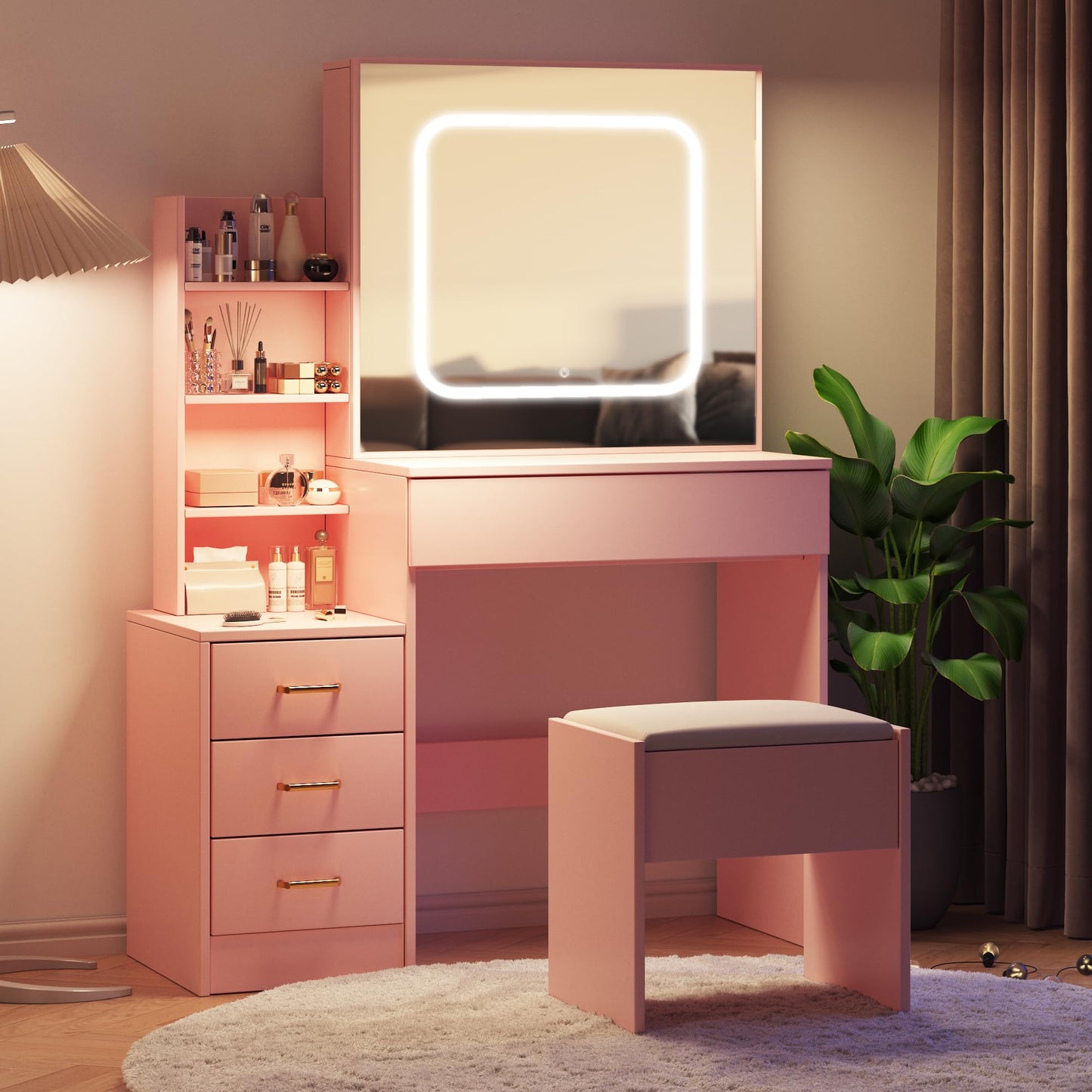 Vanity Desk with Sliding Mirror and Lights, Makeup Vanity Set with 4 Drawers, Stool, Power Outlet, Open Shelves, 3 Color Adjustable Lighting Modes, Makeup Dressing Table for Bedroom, Pink