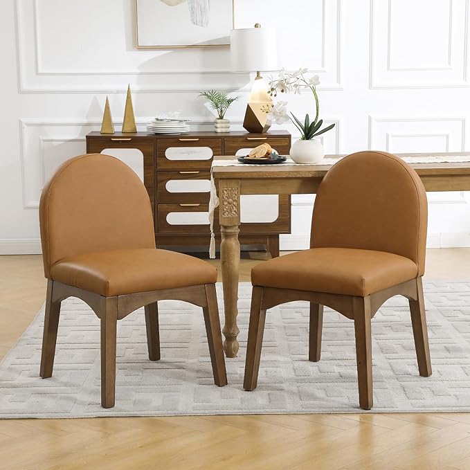 DUOMAY Modern Dining Chairs Set of 2, Mid Century Faux Leather Dining Room Chairs Upholstered Kitchen Chairs with Solid Rubberwood Legs, Armless Accent Side Chairs, Brown