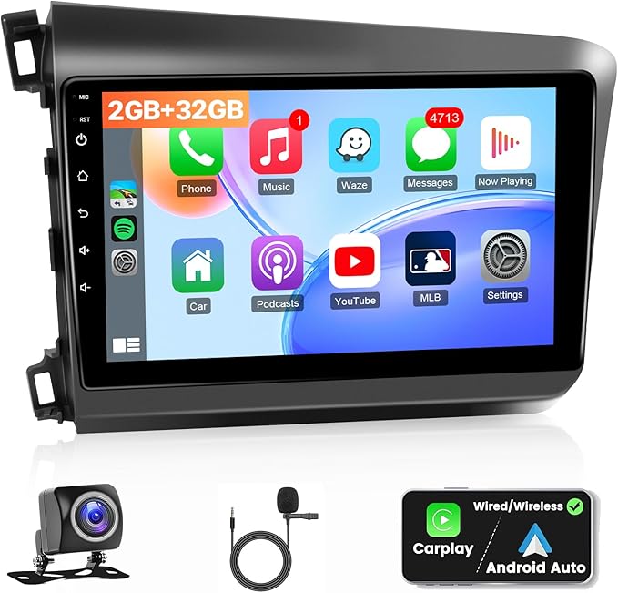 Car Stereo Radio for Honda Civic 2012 2013 2014 2015, Wireless Carplay Android Auto, 9 inch IPS Screen for Civic, GPS Navi...