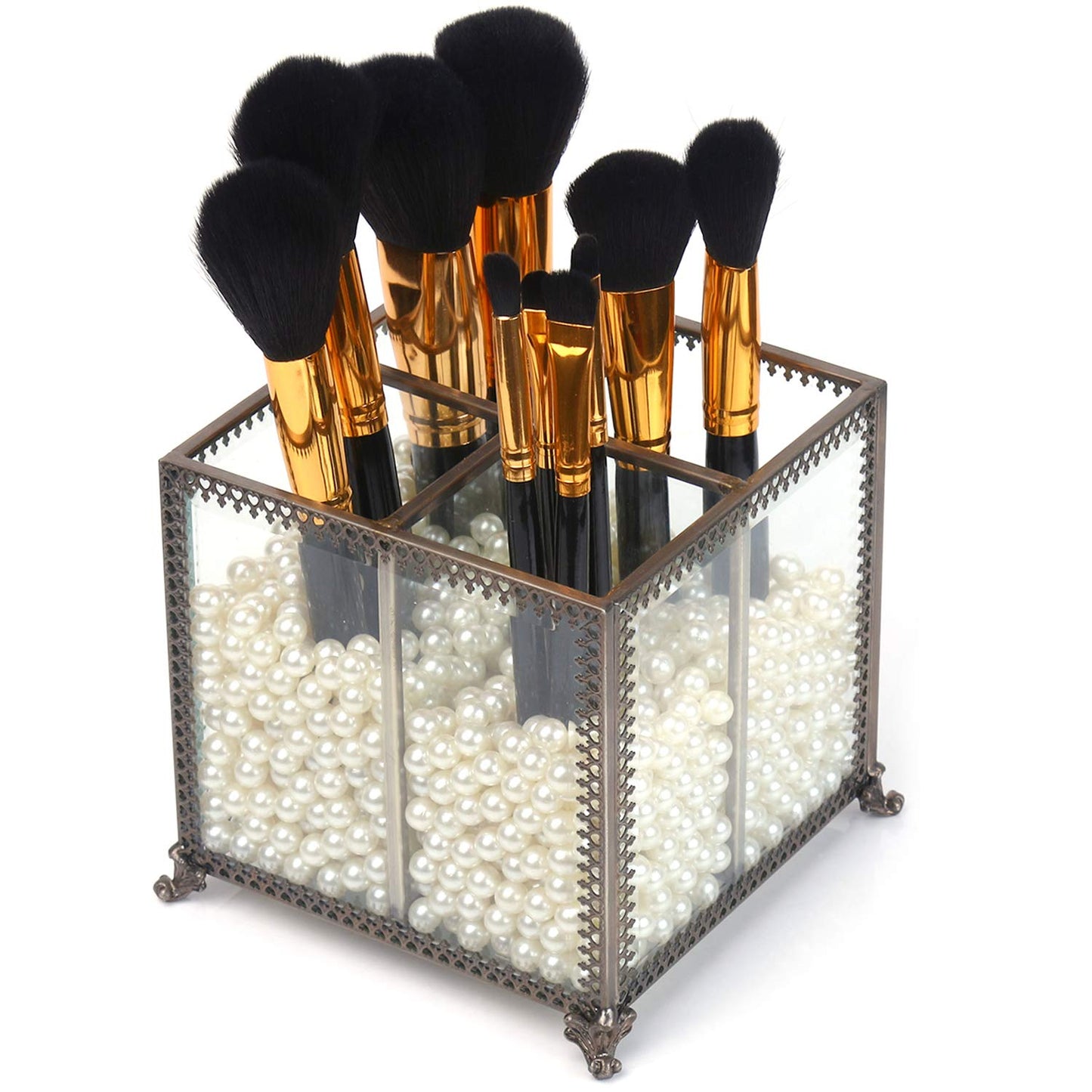 PuTwo Makeup Organizer Vintage 4 Sections Makeup Brushes Holder Make Up Storage with Free White Pearls
