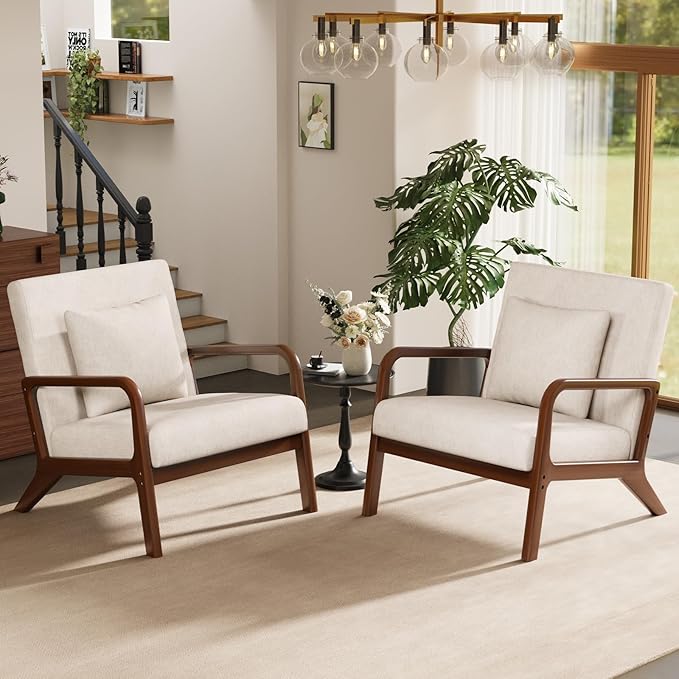 ELUCHANG Mid-Century Modern Chair,Accent Chair with Lumbar Pillow,Upholstered Armchair,Linen Fabric Comfy Reading Chair Beige, Linen, Set of 2