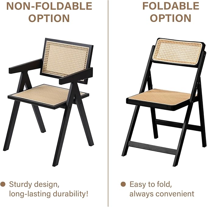 Furlide Rattan Folding Chairs, Modern Mid Century Dining Chairs Set of 2, Outdoor Bamboo Chairs for Bedroom Living Room Reading Room Dining Kitchen, Black