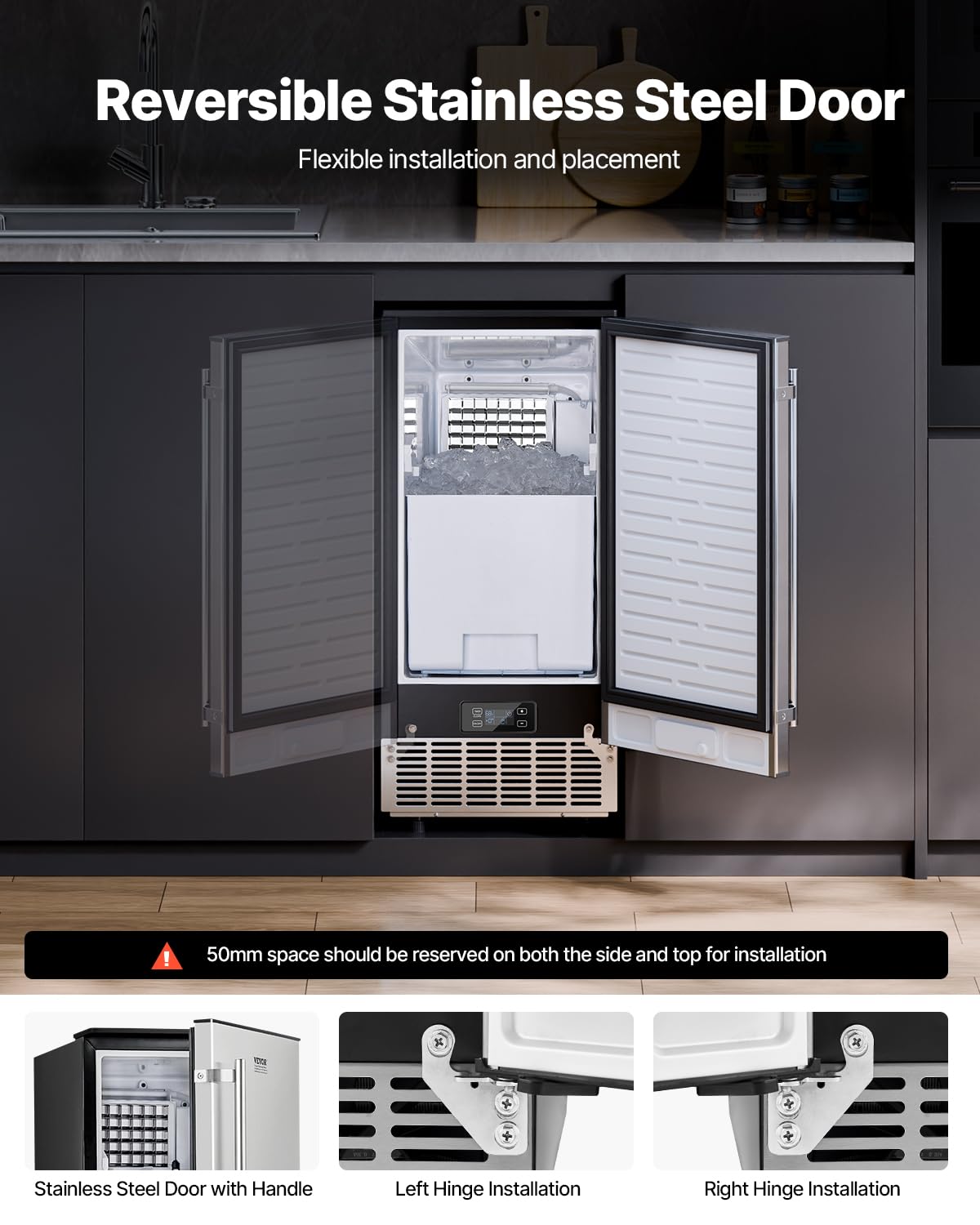 VEVOR Undercounter Built-in Ice Maker, 80 Lbs/Day Under Counter Ice Maker Machine with Reversible Door, Stainless Steel Freestanding Ice Maker for Commercial Home Kitchen, Electric Drainage