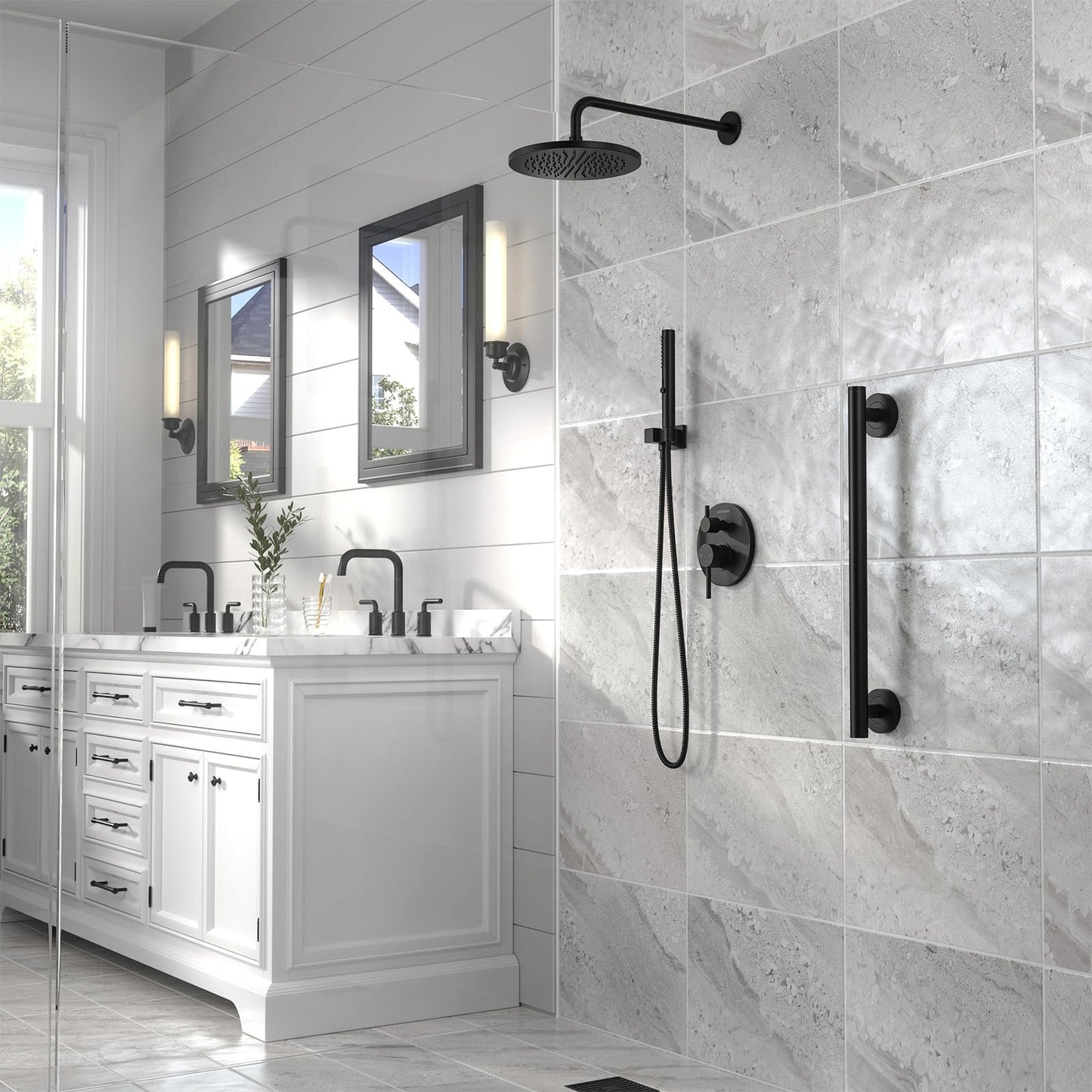 Lava Odoro Modern 2-Setting Round Rain Shower System with Handheld, Matte Black Rainfall Shower Faucet Set Rain Shower Head and Handle Set, Shower Valve Trim Kit, 10 Inch, Matte Black, SF104-MB