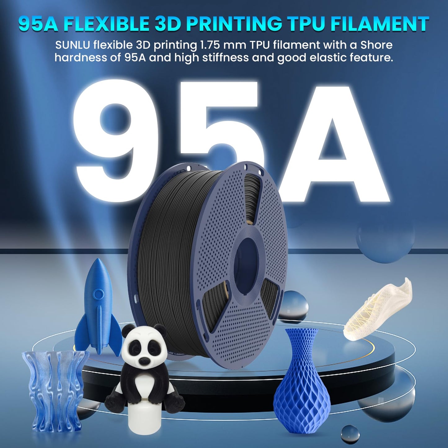 SUNLU TPU 3D Printer Filament 1.75mm, High Speed 95A TPU Filament, 1KG Flexible 3D Filament for Fast Printing, Dimensional Accuracy +/- 0.03mm, Suitable for Most FDM 3D Printers. (Black)
