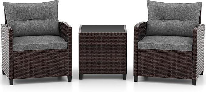 ORALNER 3 Pieces Patio Furniture Set, Outdoor Wicker Conversation Set Rattan Chairs with Cushions, Glass Coffee Table, Bistro Set for Front Porch Balcony Garden Deck Poolside (Grey)