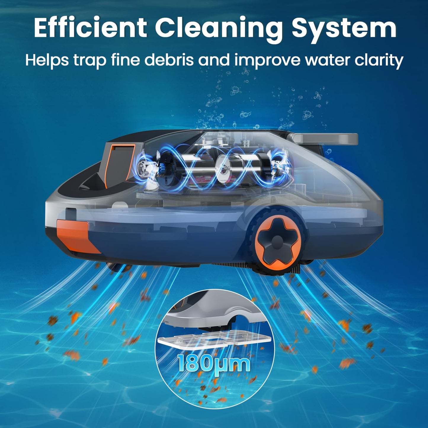 Zebary C1 Robotic Pool Cleaner, 200-Min Cordless Pool Vacuum for Above Ground & Inground Pools up to 2500 Sq.ft, Automatic Pool Vacuum Robot for Leaves & Dirt, Powerful Suction Self-Parking-Orange
