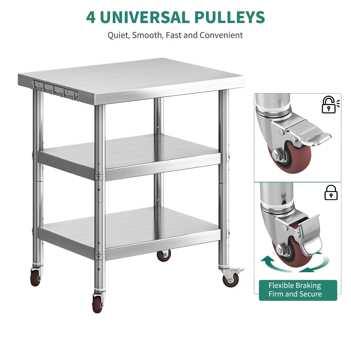 YITAHOME NSF Stainless Steel Table, 36" X 24" Worktable with Wheels, 3 Shelves Metal Prep Workstation for Home Kitchen Restaurant Garage Warehouse Outdoor