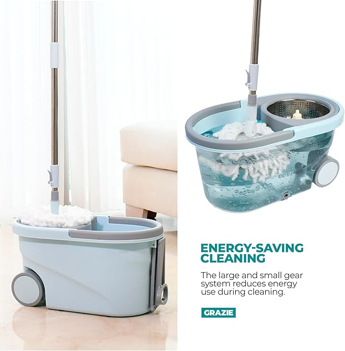Spin Mop and Bucket Set Cleaning System Wringer 360 Microfiber Mop with Stainless Steel Handle Self Wringing Bucket with Wheels and Drain for Tile Hardwood Laminate Floors Includes 2 Mop Head Refills