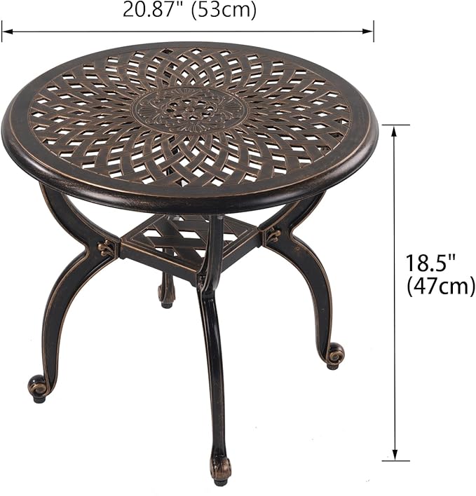 WILOUNGE Cast Aluminum Outdoor Side Table,Small Patio Table,Outdoor Coffee Tables for Patio,Garden,Balcony, for All Weather (Copper, Round)