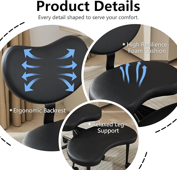 Cross Legged Office Chair with Wheels–360°Swivel Meditation Chair, Adjustable Height Yoga Office Chair for Adults, Ergonomic Kneeling Chair with Back Support for ADHD, PU Leather, Black