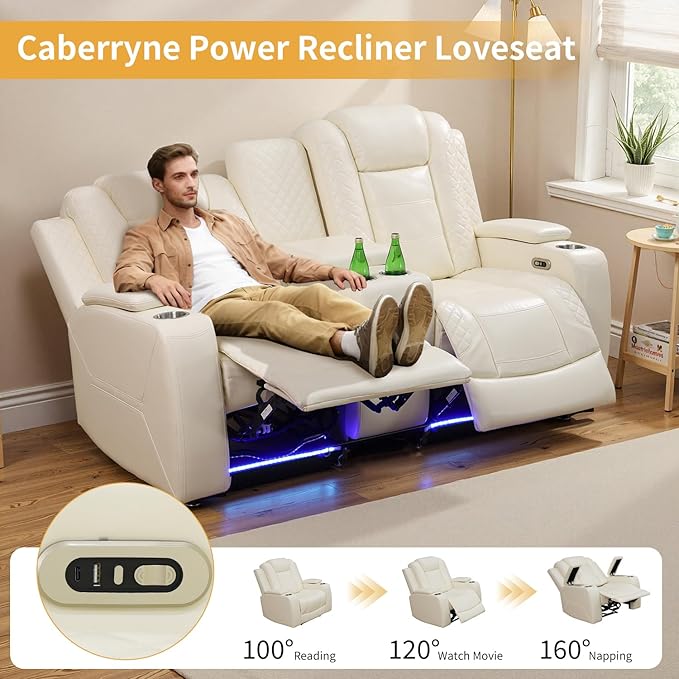 Caberryne Power Recliner Sofa with LED Lights,Leather Reclining Loveseat with Double Recliner/USB Port/Storage Console/Cup Holder for House/Home Theater(2 Seater Loveseat,Creamy)