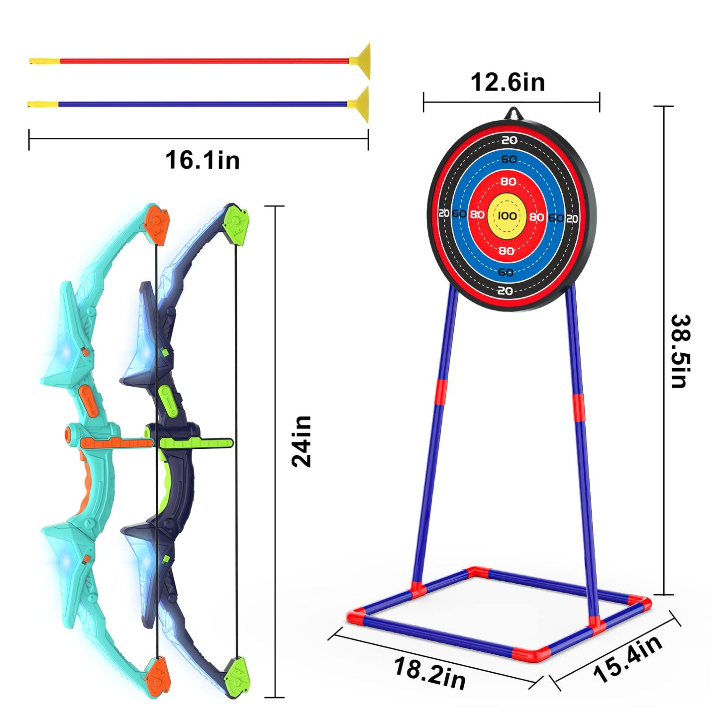 Kmuxilal 2 Pack Kids Bow and Arrow Set with LED Flash Lights, 14 Suction Cup Arrows and Fluorescence Standing Target-Perfect Indoor and Outdoor Game Archery Set Toy Gift for 4 5 6 7 8-12 Year Old Boys