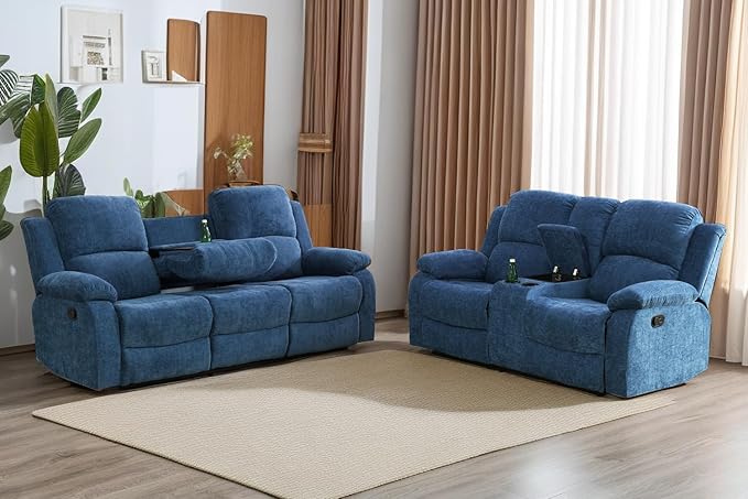 A Ainehome Recliner Sofa Set Living Room Furniture Set Manual Reclining Sofa Loveseat Chair Sectional Couch for Living Room/Home (A-Blue Microfiber, Sofa+Loveseat)
