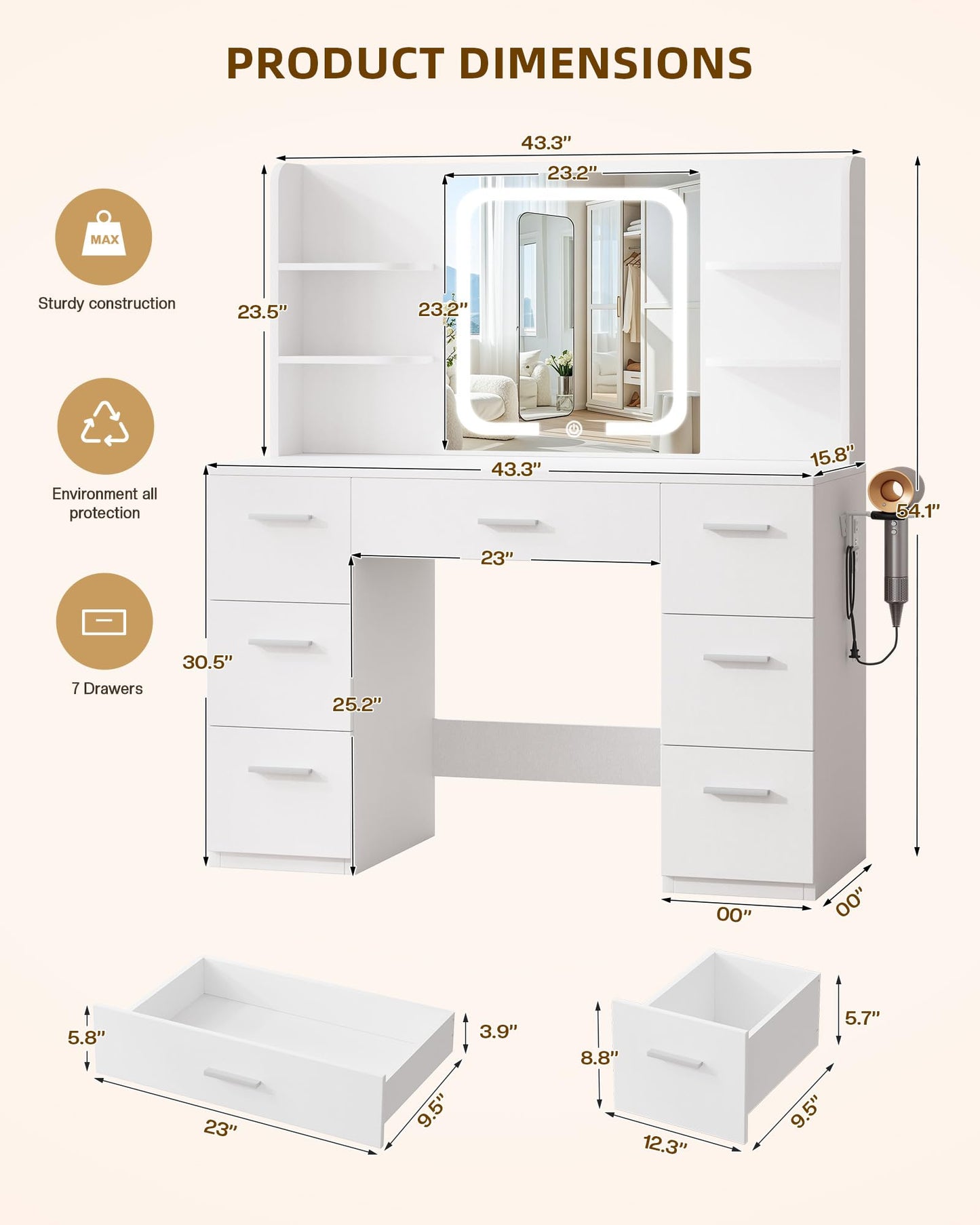 LIVELYGLOW 43" Large Makeup Vanity Desk with Smart LED Mirror and Charging Station, Professional Bedroom Dressing Table with 7 Drawers, 4 Storage Shelves & Hairdryer Holder, White