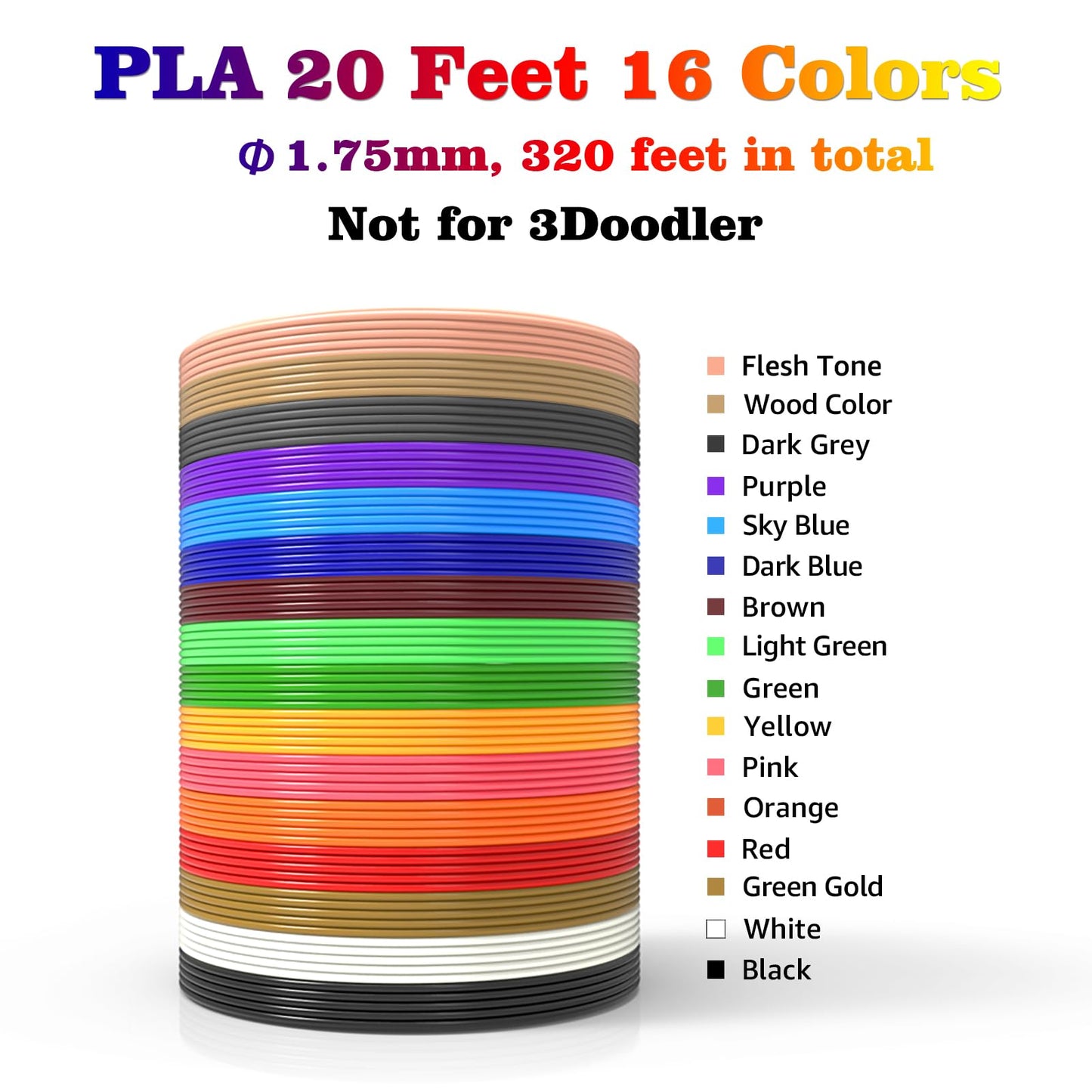 dikale 16-Color 320ft PLA 3D Pen Filament Refills - 1.75mm, Kids Safe, 250 Stencils eBook - for SCRIB3D P1 and MYNT3D Pens