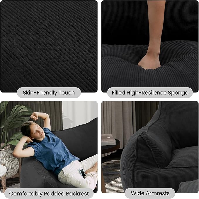 YOURLITE Bean Bag Chair for Adults with Footrest, High-Resilience Foam Filled Bean Bag Sofa with Armrests and Backrest, Comfy Corduroy Floor Sofa for Living Room, Bedroom or Balcony (Dark Grey)