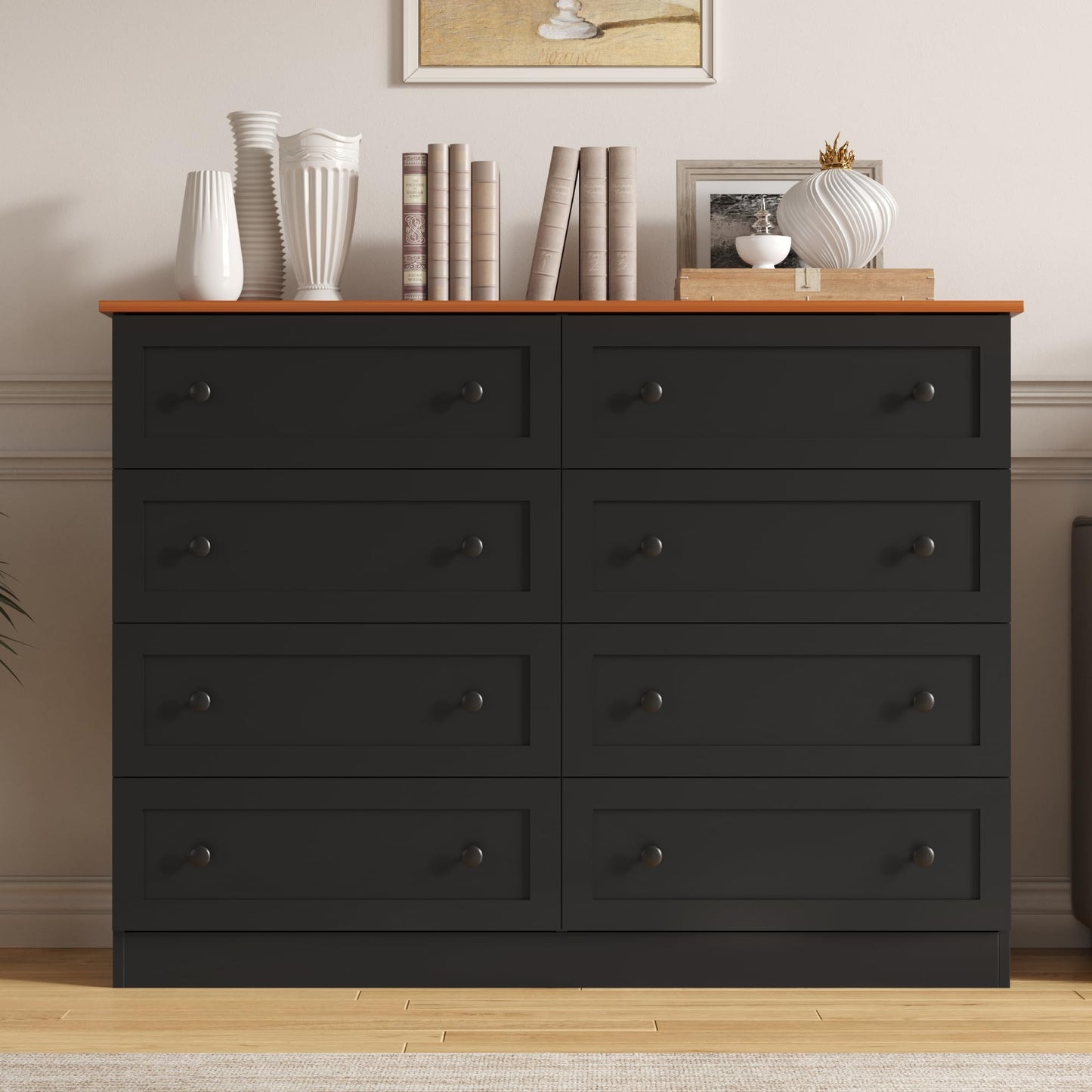 Furnify 8 Drawer Dresser for Bedroom, Farmhouse Dresser for Closet 8 Drawer, Wide Modern Chest of Drawers, Storage Cabinet, Bedroom, Living Room, Entryway, Black