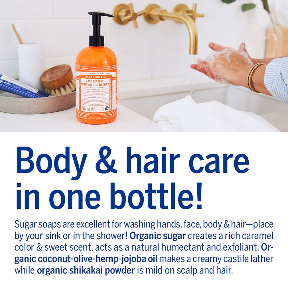 Dr. Bronner's - Organic Sugar Soap (Tea Tree, 24 Ounce) - Made with Organic Oils, Sugar and Shikakai Powder, 4-in-1 Uses: Hands,