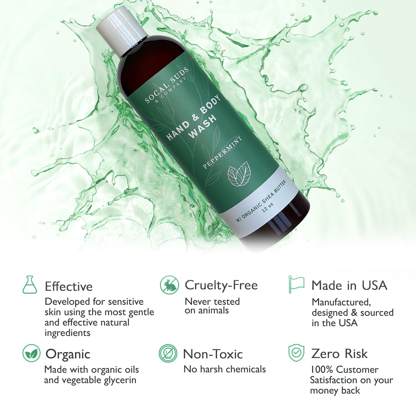 SoCal Suds & Company Organic Shea Butter Body Wash - Peppermint Liquid Soap for Hand & Body, Moisturizing Shower Gel, Daily Body