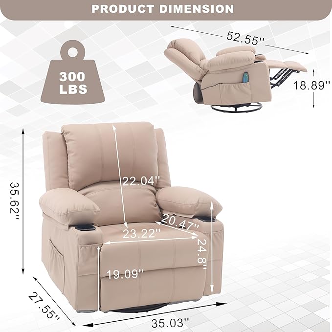 Massage Swivel Rocker Recliner with Lumbar Heat, Oversized Comfy Recliners for Living Room, Modern Single Sofa Rocking Chairs for Adults, Manual Rocker Recliner with Two Cup Holders, Beige