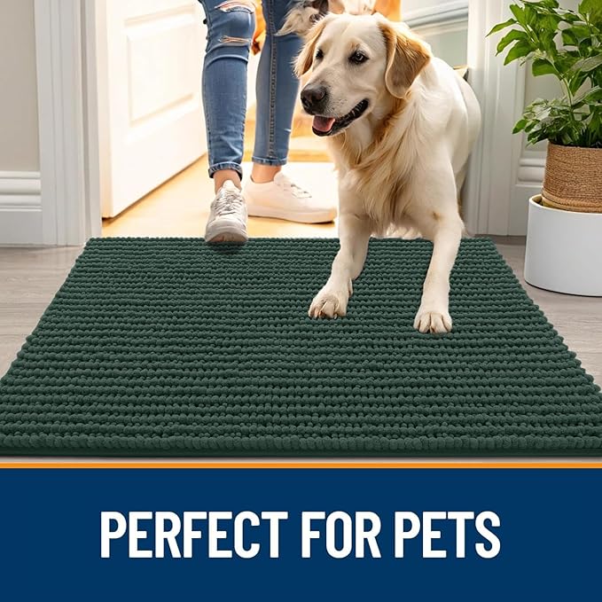 OLANLY Dog Door Mat for Muddy Paws 44x32, Ultra Absorbent Chenille Mud Doormat, Non-Slip Washable and Dirt Trapping Doormat for Indoor Entryway, Quick-Dry Indoor Pet Bed Mats for Dogs, Blackish Green