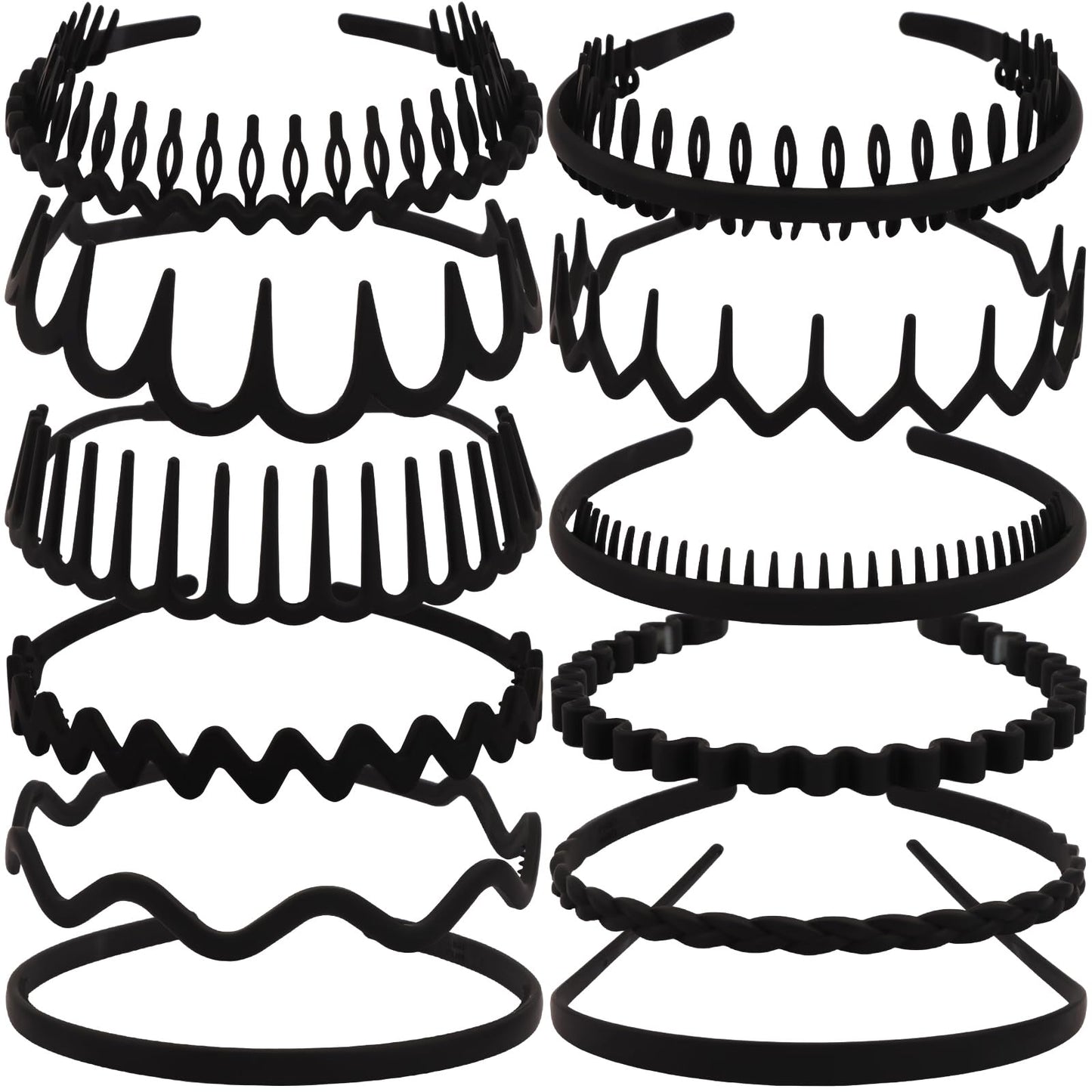 TOBATOBA 12Pcs Black Headbands for Women with Teeth Plastic Head Bands for Women's Hair Non Slip Comb Skinny Zig Zag Headbands F
