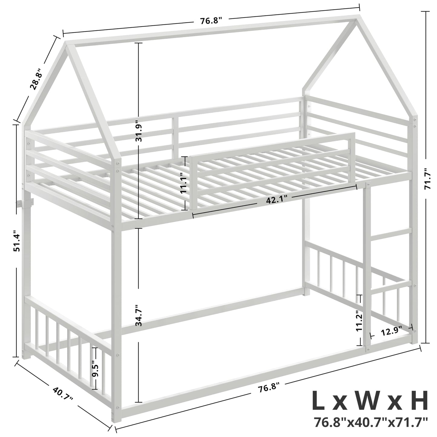 LIKIMIO Bunk Bed Twin Over Twin, House Bunk Bed Frame with Ladder and Guardrail, House Shaped with Metal Slats for Dormitory and Bedroom, Space Saving, No Box Spring Needed, White