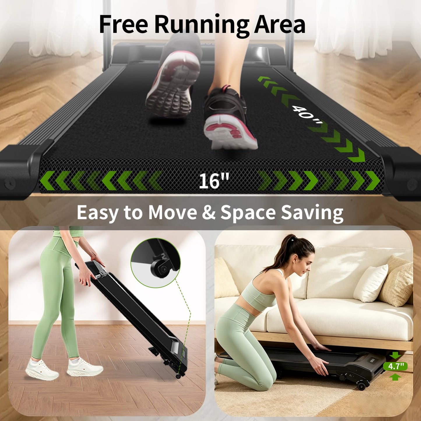 Walking Pad Treadmill for Home, with Handle Bar and Adjustable Incline, Quiet Anti-Slip Portable Foldable Under Desk Treadmill, LED Monitor & Safety Key, 40"x16" Spacious Running Belt