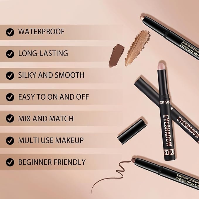 Matte Cream Eyeshadow Stick, Waterproof Eye Shadow Stick, Long-Lasting and Blendable High Pigmented Single Eyeliner Makeup for Women, 6 Oyster