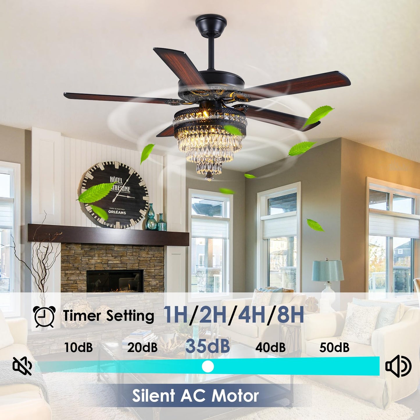 Asyko Crystal Ceiling Fan Fandelier with Lights - Modern Black Chandelier Fans with Remote Control，Noiseless AC Motor, Retro/Farmhouse Lighting, Dining Room， Living Room (52"