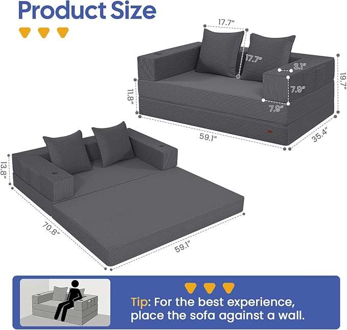 COMAX Futon Sofa Bed, 4‑in‑1 Convertible Sofa Bed, Folding Boneless Couches for Living Room, Fold Out Small Foldable Loveseat Floor Sleeper Comfy Mattress Lounge Space‑Saving, Grey