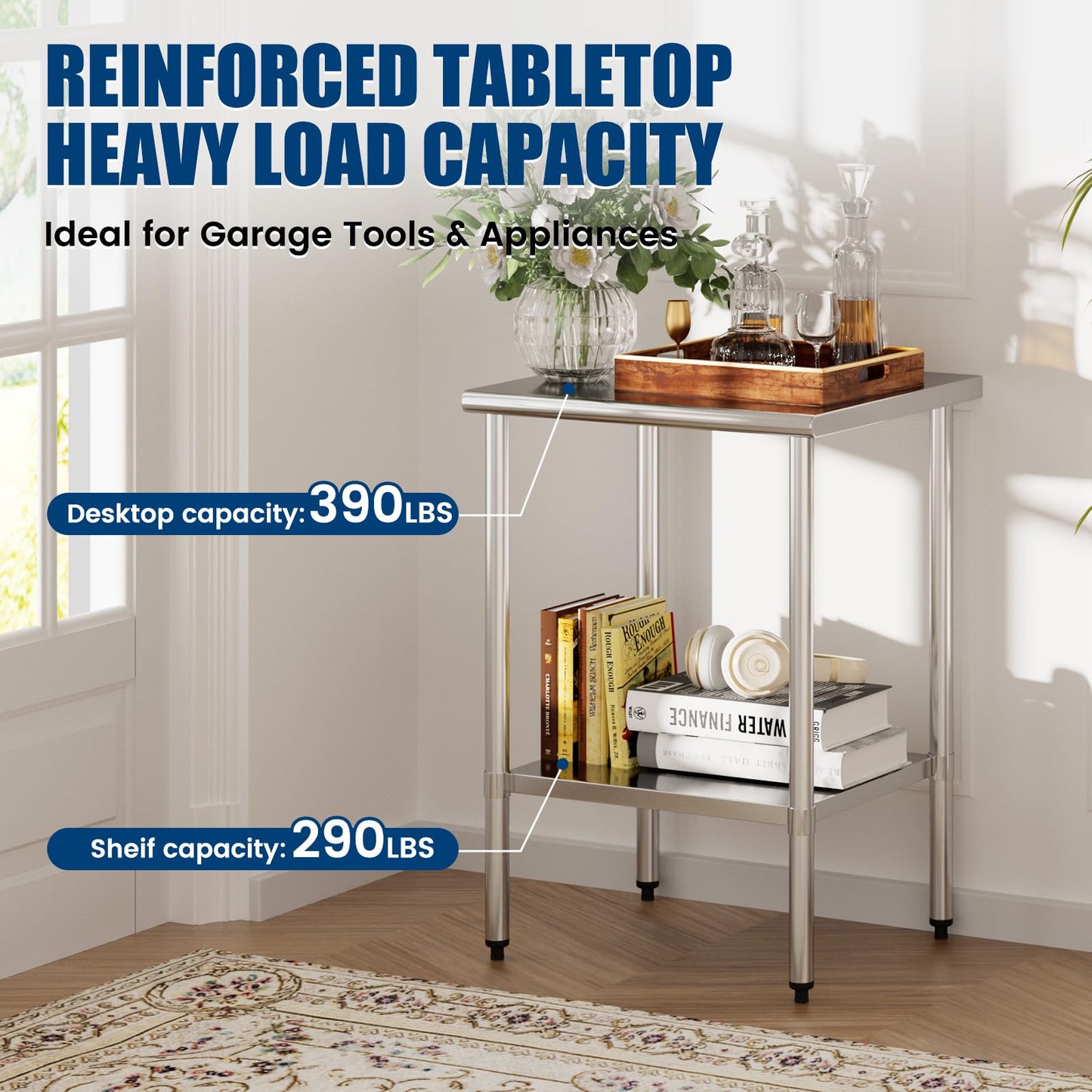 Stainless Steel Work Table 24 x 24 Inch with Adjustable Undershelf, Heavy-Duty Metal Prep Table for Commercial Kitchen & Restaurant, Garage, Outdoor