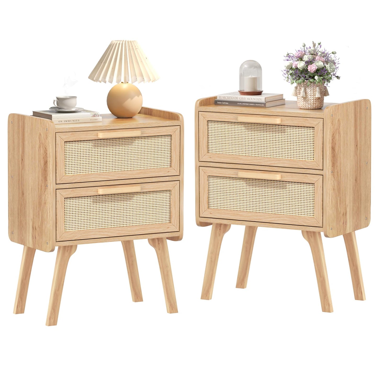 Lerliuo Rattan Nightstands Set of 2, Boho Night Stand with 2 Drawers, Cane Accent Side End Table, Bedside Table with Solid Wood Legs for Bedroom, Dorm and Small Spaces (Natural)