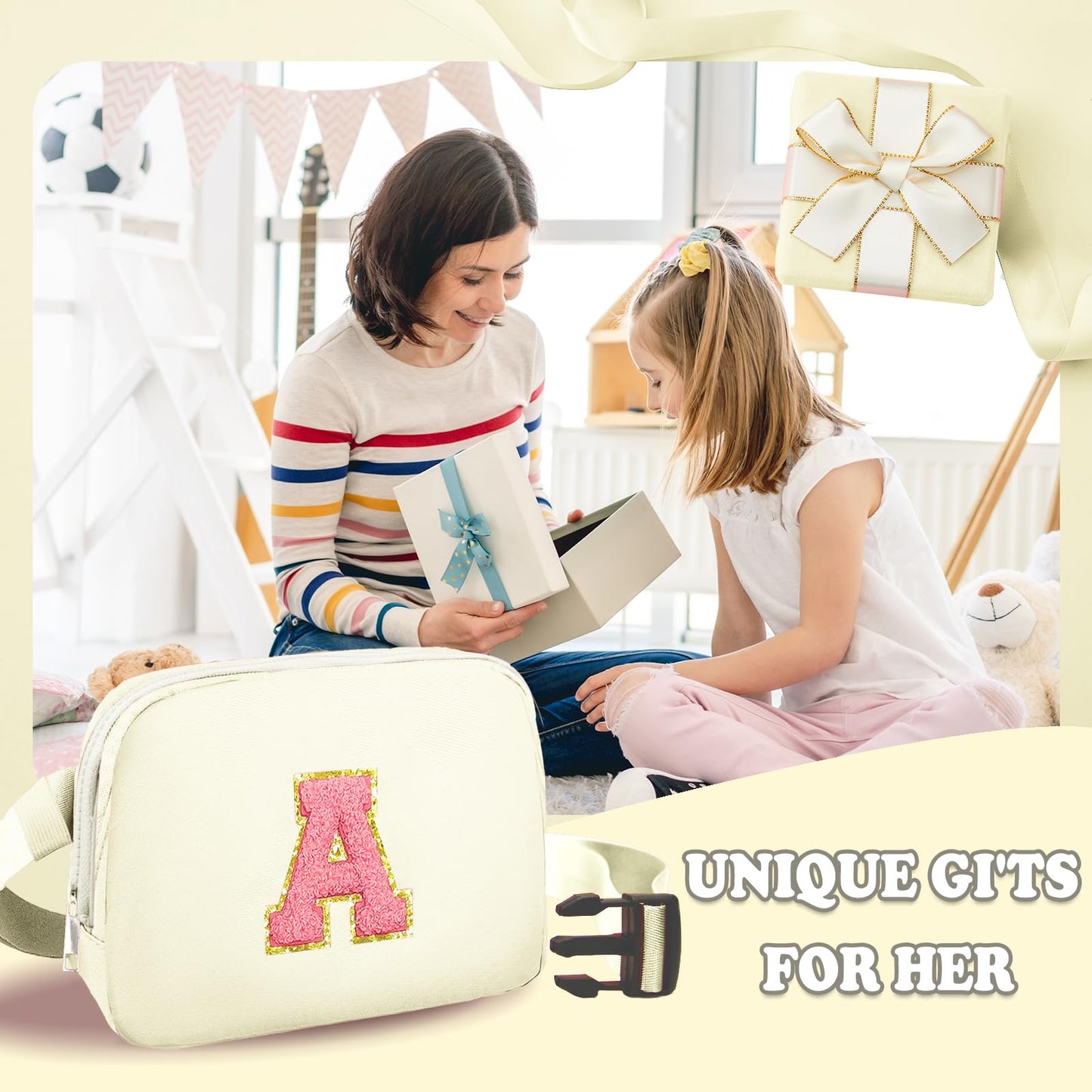 Birthday Gifts for 4 5 6 7 8 9 10 11 12 13 Year Old Girls, Crossbody Bags Fanny Pack with Initial Letter Patch Cute Stuff for Women Girls Teens (A, Cream)
