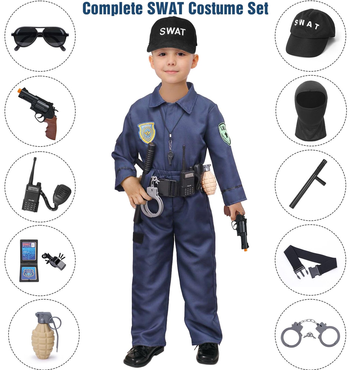Latocos 15 PCS SWAT Police Officer Costume for Kids with Vest Accessories Cop Dress Up Role Play Set for Halloween Cosplay