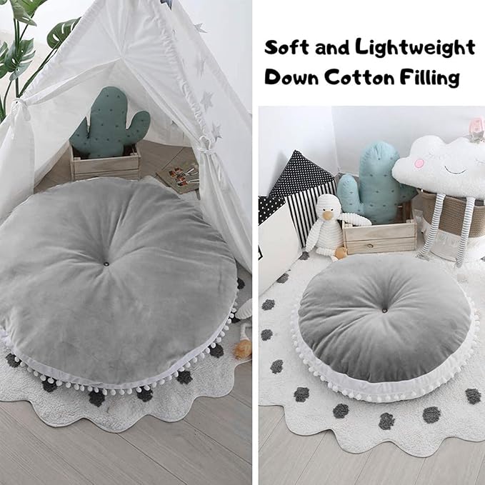 Kishome Large Kids Floor Cushion Seating, Circle Kids Floor Pillow for Children, Round Playroom Pillows Reading Nook Big Pillow, Oversized Pillow Mat for Kid Seating Teepee Nursery Canopy, Grey