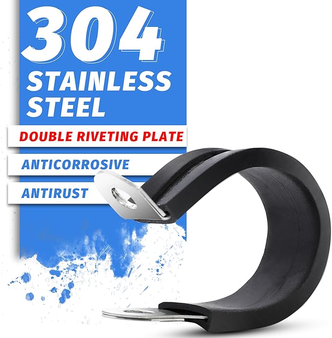24PCS 3/4" Double Cable Clamps with updated Riveted Reinforce, 304 Stainless Steel Rubber Cushioned Insulated Loop & Pipe Clamps